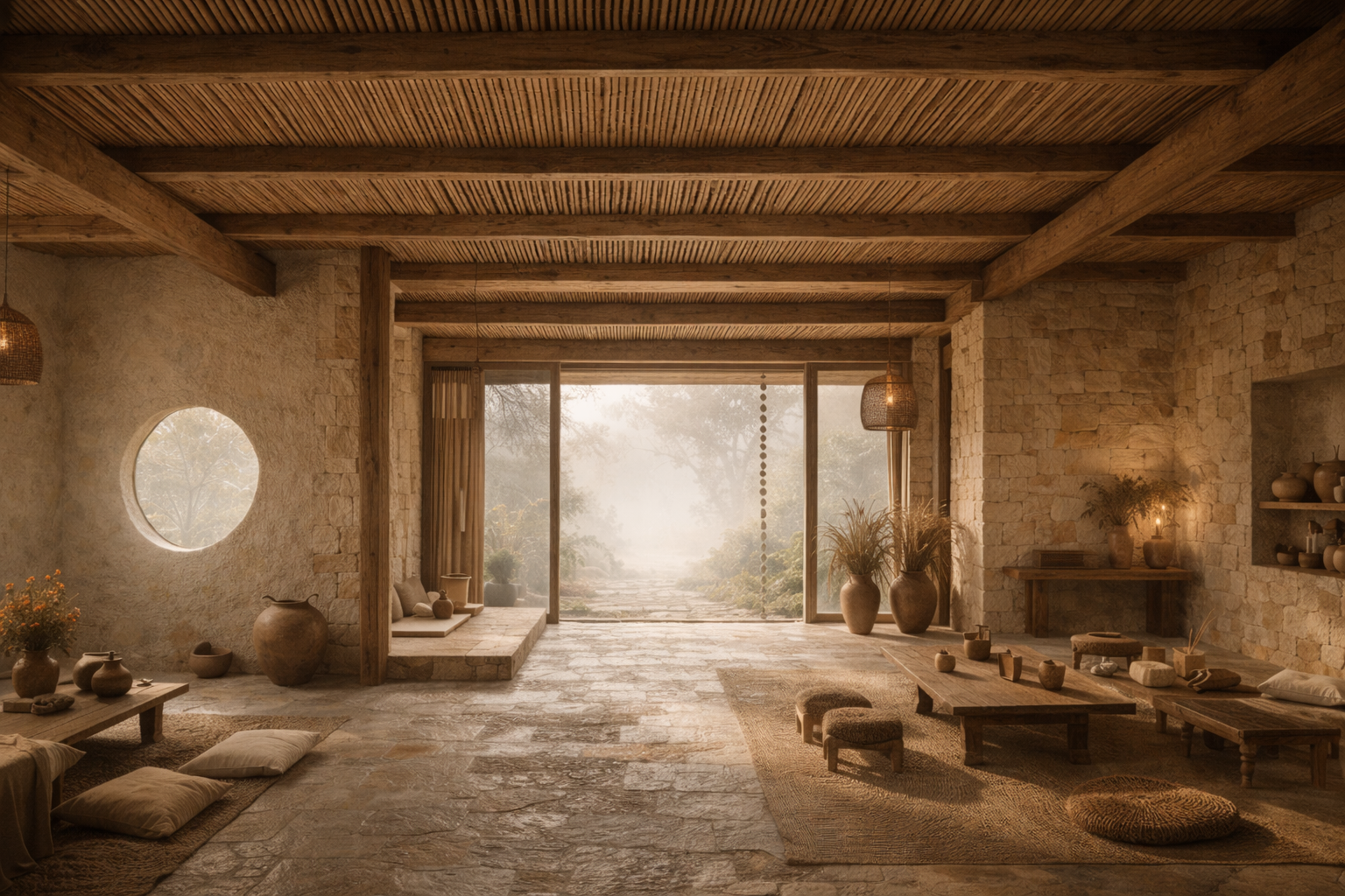 Interior minimalista calido con materiales naturales